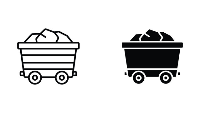 Mining cart filled with coal ore in linear and solid icon style