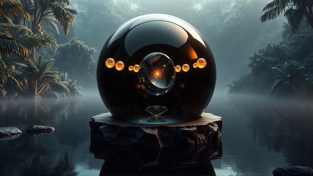 Dark sphere rests upon rock pedestal. Glowing orbs illuminate mysterious scene. Misty jungle surrounds reflective surface. Diamond visible.