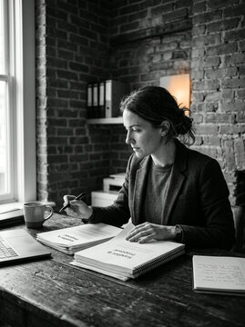 Businesswoman writing on strategy proposal papers at a wooden desk in a brick office
