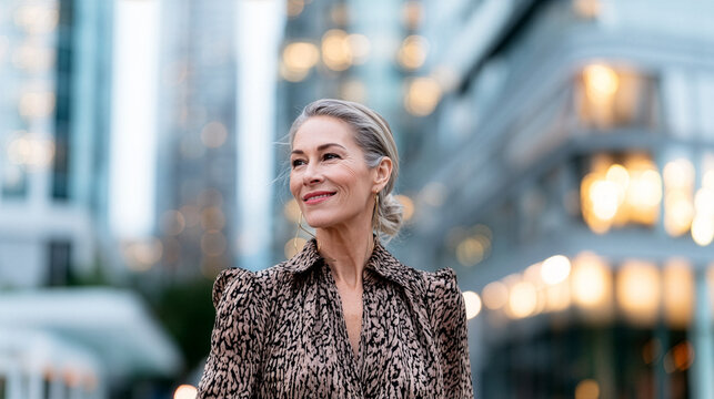 Elegant woman in her fifties confidently walking through a modern city