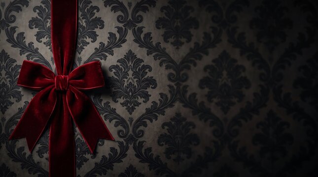 Gothic Halloween Background with Red Velvet Ribbon and Dark Copy Space