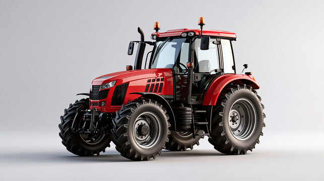 Modern agricultural tractor isolated against a clean neutral background, professional studio lighting, detailed wheels and bodywork, farming equipment, agricultural technology, mac