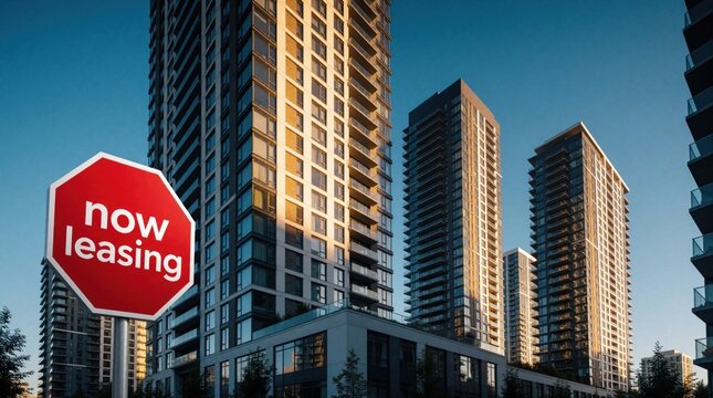 Modern high-rise apartment buildings under clear blue sky. Red stop sign with now leasing text stands in foreground. Luxury residential towers, skyscrapers offer new rental units in urban city