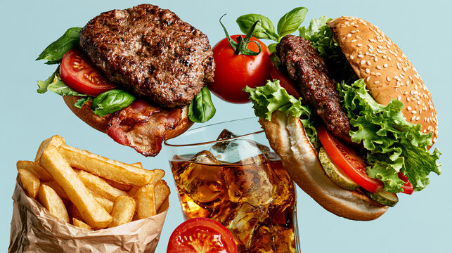 Floating burgers with tomato and fresh basil served alongside crispy fries