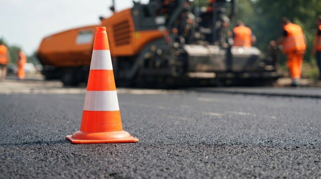 Road construction site featuring an orange traffic cone on fresh asphalt.