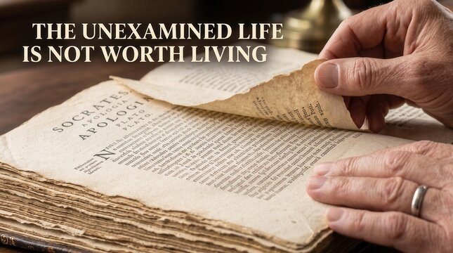 Close up of elderly hands turning the textured yellowed page of an ancient book titled socrates apologia with the quote the unexamined life is not worth living printed in white text above