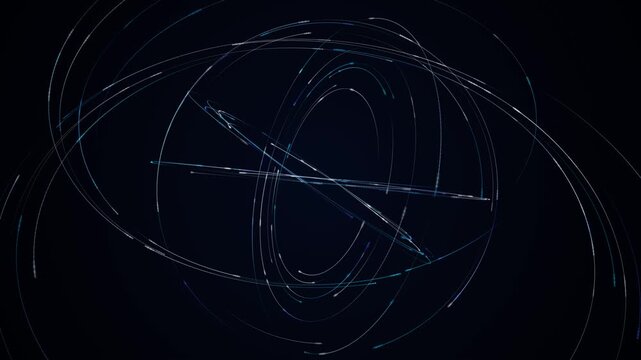 Abstract satellite communication visualization featuring fine silver-white and blue light trails curving around invisible circular orbital paths in a deep navy atmosphere.