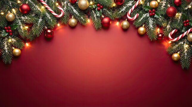 Vibrant Christmas Background with Ornaments and Candy Canes on Red Gradient