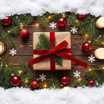 Christmas gift wrapped in brown paper with red ribbon on wooden table surrounded by festive decorations