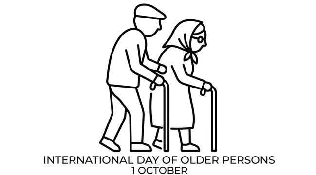 Line drawing depicts elderly couple walking with canes celebrating international day of older persons