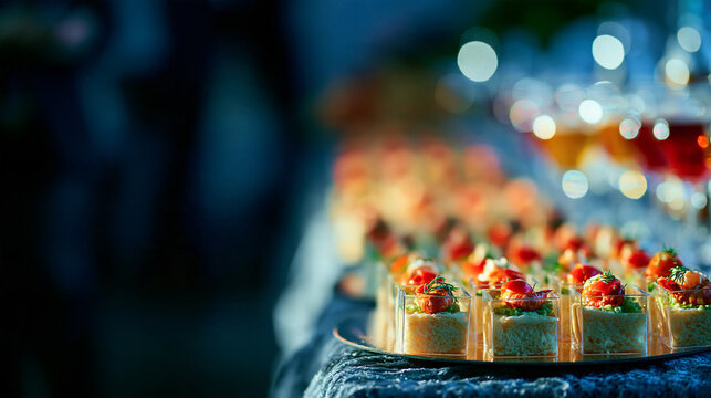 Gourmet appetizers served on a tray at a formal evening event with finger food