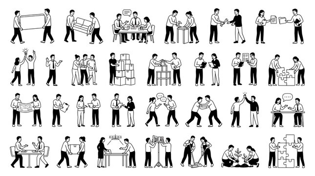 Set of diverse business and teamwork scenes with people collaborating, managing and organizing