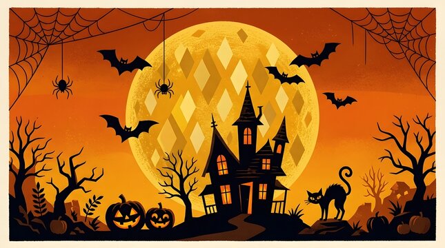Haunted house bats and pumpkins create a halloween scene silhouette