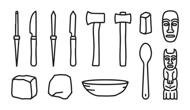 Stone age carving tools and primitive handmade artifacts including knives axes and stone implements for design.
