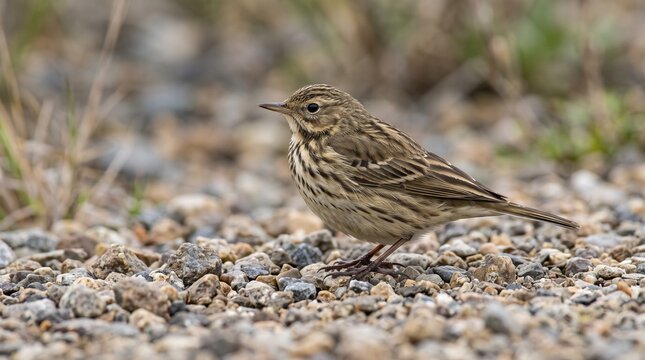 Meadow pipit bird perched on a stony ground, wild songbird in its natural habitat, wildlife photography and nature observation