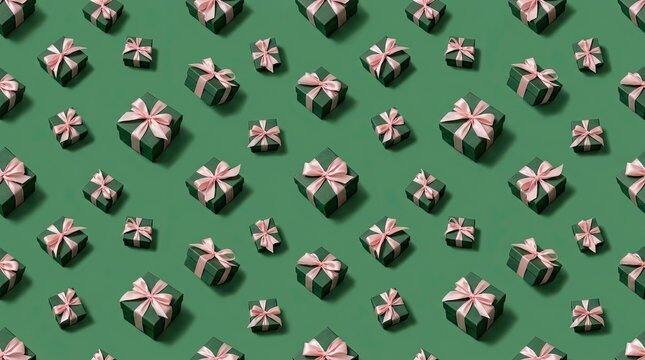 Green gift boxes with pink ribbons on a festive holiday background