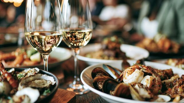 White wine glasses accompanied by plates of fresh seafood in a restaurant with seafood platter