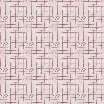 Hand-drawn seamless pattern with grid and bows in pink-gray color palette