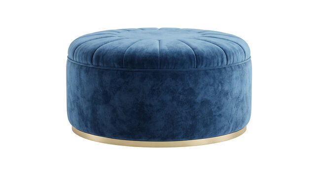 Blue velvet ottoman with gold base isolated on transparent background for interior design and furniture staging