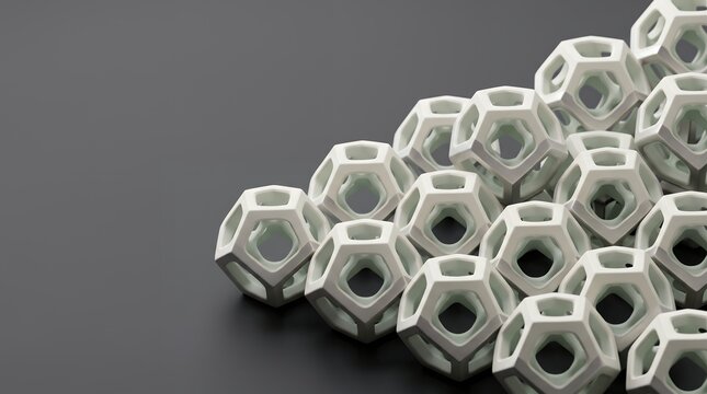 Abstract 3D geometric molecular lattice structure on dark stone surface with copy space
