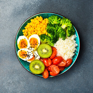 Bowl of healthy and nutritious food. Diet concept. On a gray textured background.