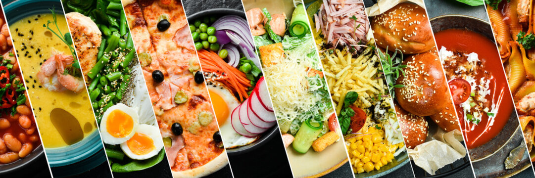 A stunning horizontal photo collage of diverse, mouthwatering gourmet dishes is suitable for a restaurant menu, food delivery banner, or culinary blog.