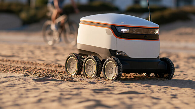 Low ground-level shot of a small white delivery robot with orange trim leaving tire tracks in fine desert sand next to the cycling path, cyclist and bike in soft focus behind, dram