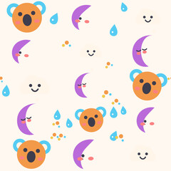 Obraz premium Seamless koala naps nursery pattern featuring a sleepy koala, crescent moon and soft clouds, in a soft sunset breeze palette. Cute vector background for baby fabric, wallpaper and textile design.