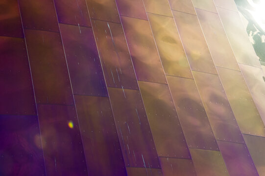 View of the iridescent metallic panels on the exterior of the Museum of Pop Culture in Seattle, Washington, United States.