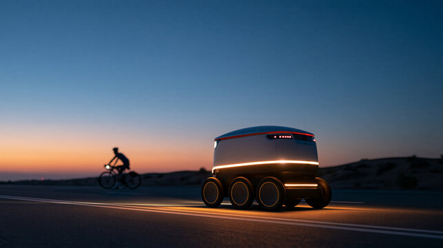 Dusk at the Al Qudra track, deep blue and orange sky, a small white delivery robot with orange trim and soft glowing indicator lights reaching a cyclist sitting beside his bike, si