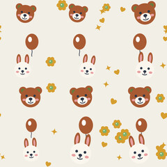 Obraz premium Seamless love day nursery pattern featuring a teddy bear, bunny and floating heart balloons, in a soft forest tales palette. Cute vector background for baby fabric, wallpaper and textile design.