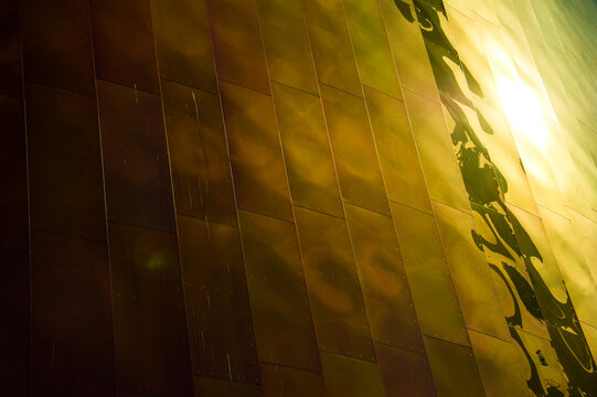 View of the reflective metallic panels on the exterior of the Museum of Pop Culture in Seattle, Washington, United States.