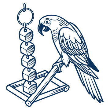 Premium vector illustration of a parrot on an enrichment perch playing with a foraging toy