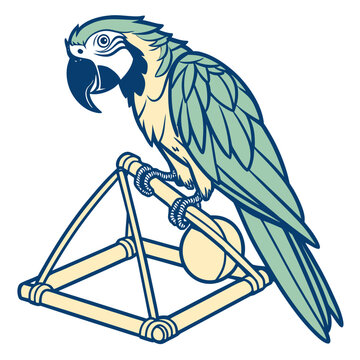 Premium vector illustration of a parrot on an enrichment perch playing with a foraging toy