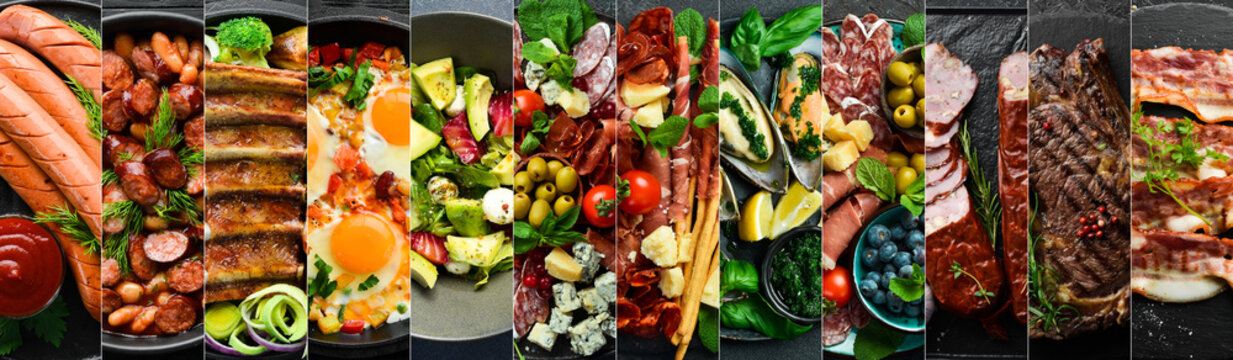 Photo collage. Popular dishes of European cuisine. Food background.