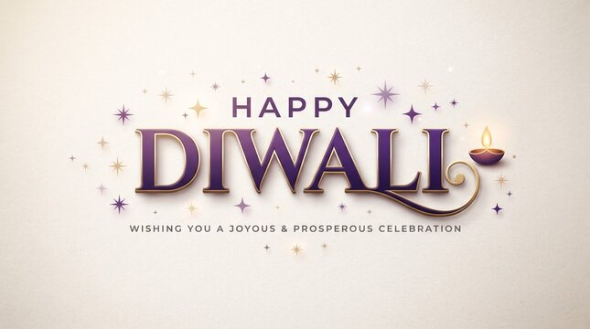 Happy Diwali Elegant Card Template with Purple Lettering and Golden Swirl Diya