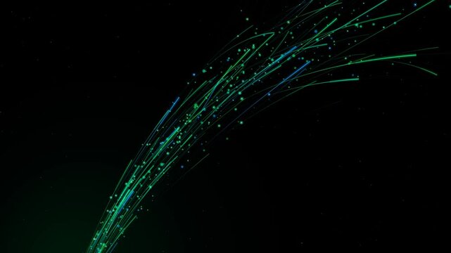 Powerful emerald-green luminous current sweeping upward and splitting into thinner branches, symbolizing renewable energy transmission and smart-grid technology.