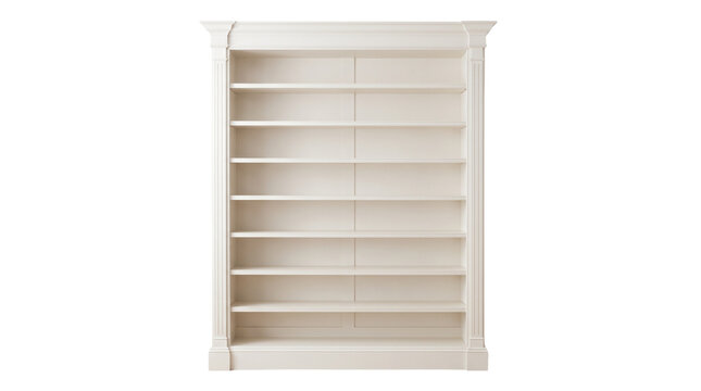 White wooden bookshelf with multiple shelves on transparent background
