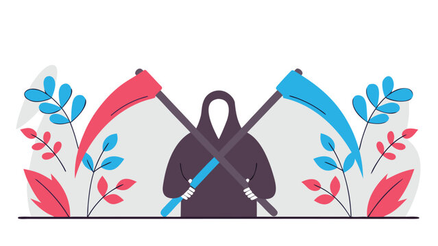 Grim reaper holding crossed scythes decorated with floral elements vector flat graphic skeleton illustration dark character halloween design fantasy figure death symbol skeleton halloween