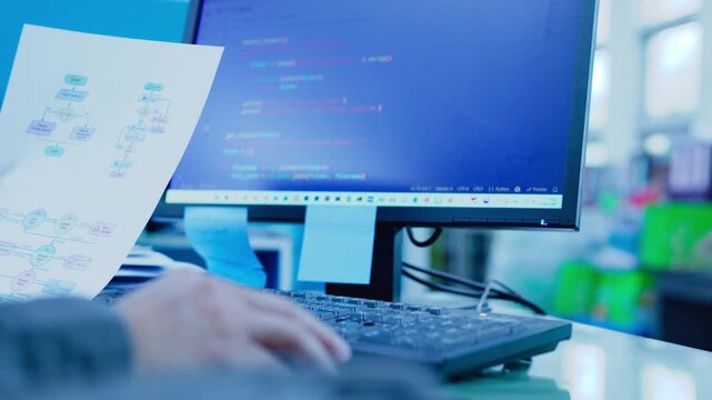 Programmer holds printed flowchart paper analyzing software code displayed across monitor screen over office desk setup.