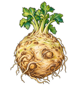 Celeriac Bulb With Knotted Roots And Small Leaves