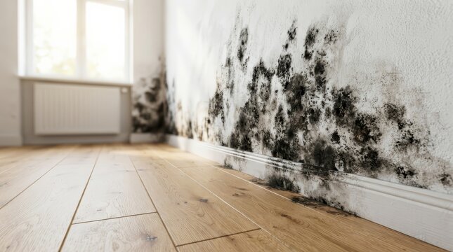 Damage from black mold on a white wall in an empty room with wood planks.