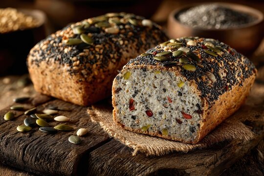Rustic multigrain bread with seeds on wooden table