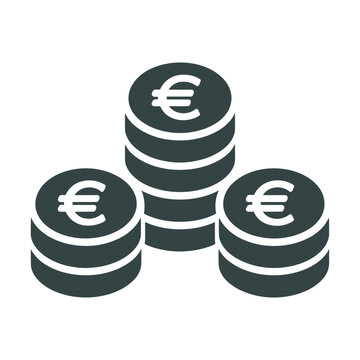 Euro coin stack icon, black vector symbol showing stacked euro coins for finance banking savings investment currency and payment designs