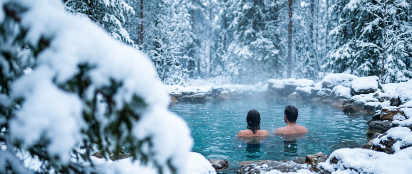 Couple relaxing in natural hot spring surrounded by snowy forest on winter outdoor spa retreat