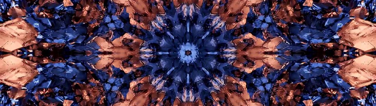 Intricate geometric pattern creating a blue and copper symmetrical design Reflecting surfaces forming a mineral like structure.