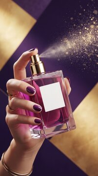 Woman spraying elegant perfume bottle for luxury fragrance