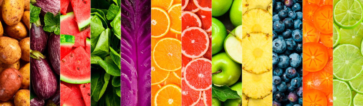 Organic Food Collage. Many photos of fresh fruits and vegetables, panoramic vegan design. Wide banner.
