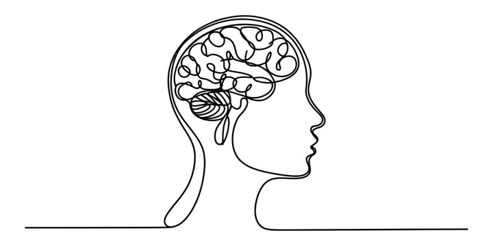 Continuous single line drawing of human head profile with a brain inside
