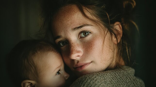 A young woman with freckles gently holds a baby, looking with warm eyes. This captures the tender bond and unconditional love of motherhood beautifully.